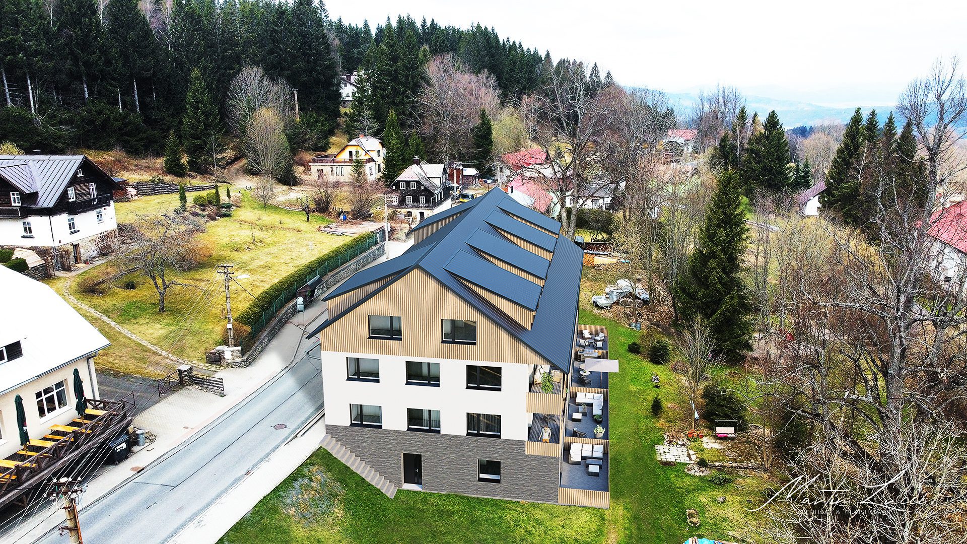 Fotomontáž vizualizace rekonstrukce bytového horského apartmánového domu do fotografie z dronu
